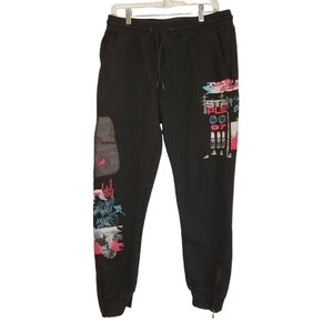 Staple Pigeon Black Jogger Pants Designs & Embroidery Black Zip Ankles Size L